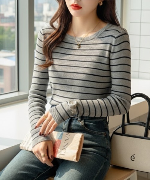 cammie(キャミー)の「リブボーダータイトトップス(その他トップス・レディース・ホワイト×ブラック/ブラック×ホワイト/ブラック×グレー・F)」の2枚目の写真