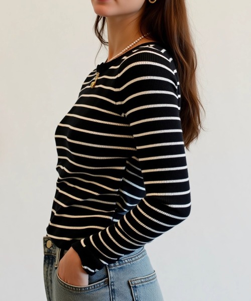 cammie(キャミー)の「リブボーダータイトトップス(その他トップス・レディース・ホワイト×ブラック/ブラック×ホワイト/ブラック×グレー・F)」の12枚目の写真