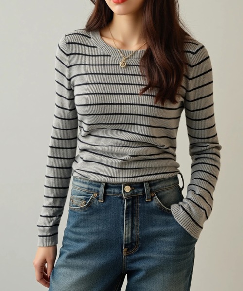 cammie(キャミー)の「リブボーダータイトトップス(その他トップス・レディース・ホワイト×ブラック/ブラック×ホワイト/ブラック×グレー・F)」の9枚目の写真