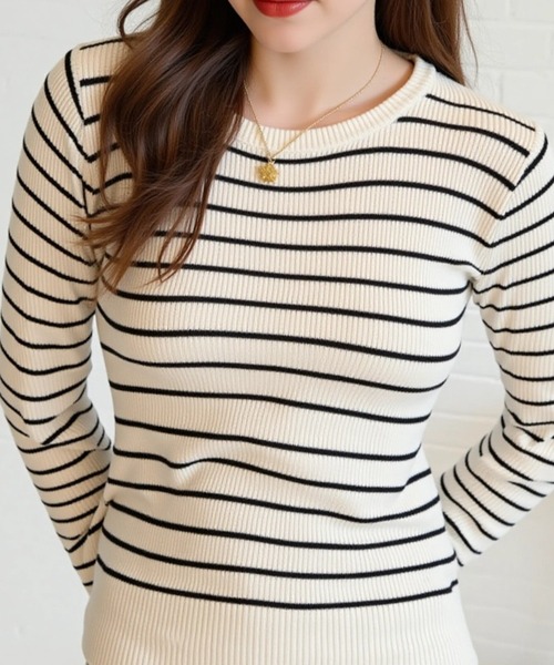 cammie(キャミー)の「リブボーダータイトトップス(その他トップス・レディース・ホワイト×ブラック/ブラック×ホワイト/ブラック×グレー・F)」の4枚目の写真