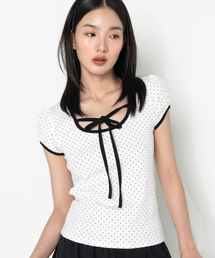 パフスリーブドットリボンショートスリーブTシャツホワイト