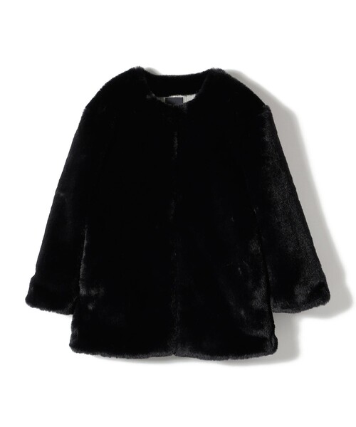 SHIPS（シップス）の「SHIPS Primary Navy Label:フェイク ファー ノーカラー ハーフ コート（ノーカラーコート・レディース・ベージュ系その他/ネイビー・ONE SIZE）」の2枚目の写真