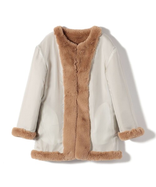 SHIPS（シップス）の「SHIPS Primary Navy Label:フェイク ファー ノーカラー ハーフ コート（ノーカラーコート・レディース・ベージュ系その他/ネイビー・ONE SIZE）」の4枚目の写真