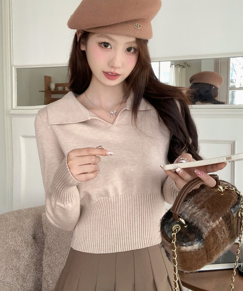 Girly Doll(ガーリードール)の「ポロ襟リブ切り替え長袖ニット(ニット/セーター・レディース・ベージュ/ホワイト/ブラック/グレー・FREE)」の4枚目の写真