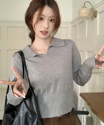 ポロ襟リブ切り替え長袖ニット