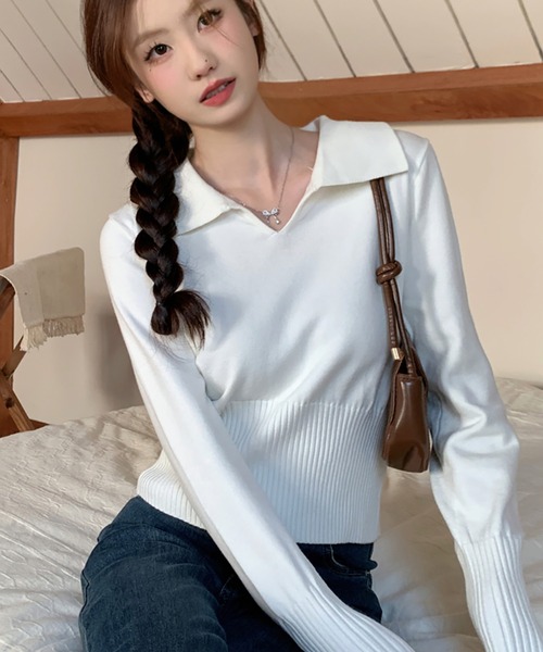 Girly Doll(ガーリードール)の「ポロ襟リブ切り替え長袖ニット(ニット/セーター・レディース・ベージュ/ホワイト/ブラック/グレー・FREE)」の3枚目の写真