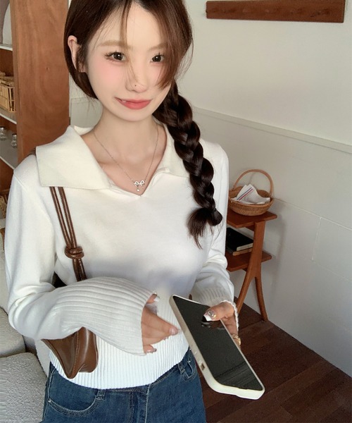 Girly Doll(ガーリードール)の「ポロ襟リブ切り替え長袖ニット(ニット/セーター・レディース・ベージュ/ホワイト/ブラック/グレー・FREE)」の6枚目の写真