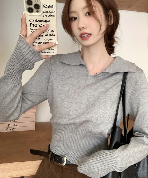 Girly Doll(ガーリードール)の「ポロ襟リブ切り替え長袖ニット(ニット/セーター・レディース・ベージュ/ホワイト/ブラック/グレー・FREE)」の8枚目の写真
