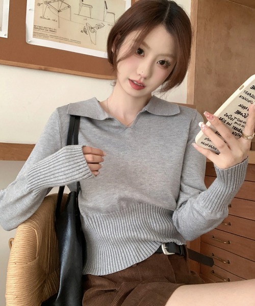 Girly Doll(ガーリードール)の「ポロ襟リブ切り替え長袖ニット(ニット/セーター・レディース・ベージュ/ホワイト/ブラック/グレー・FREE)」の11枚目の写真