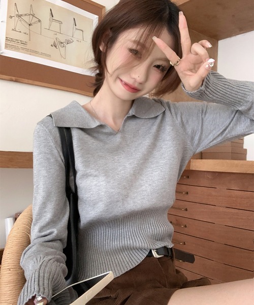Girly Doll(ガーリードール)の「ポロ襟リブ切り替え長袖ニット(ニット/セーター・レディース・ベージュ/ホワイト/ブラック/グレー・FREE)」の12枚目の写真