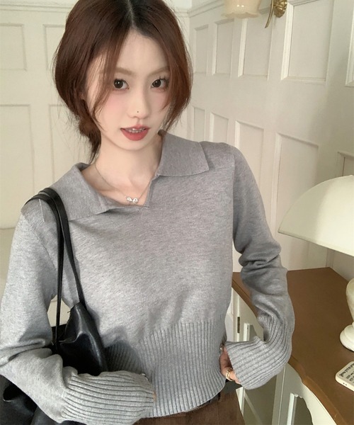 Girly Doll(ガーリードール)の「ポロ襟リブ切り替え長袖ニット(ニット/セーター・レディース・ベージュ/ホワイト/ブラック/グレー・FREE)」の17枚目の写真