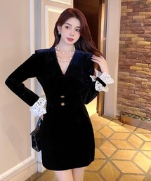 Sibra（シブラ）の「ゴールドボタン×レースカフスベロアミニワンピース（ワンピース・レディース）」