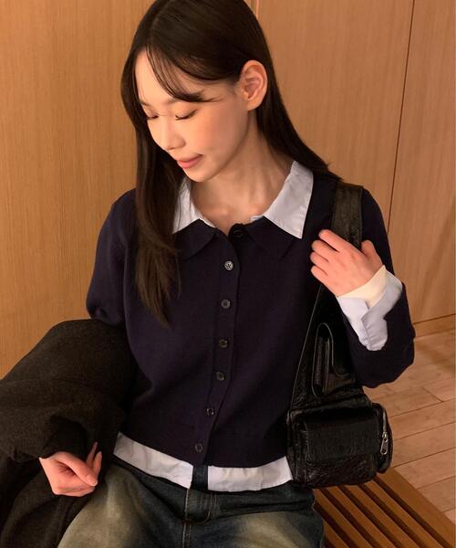 FREE'S MART（フリーズマート）の「シャツフェイクレイヤードポロカーディガンⅡ（ニット/セーター・レディース・ネイビー/ブラウン/グレー・FREE）」の5枚目の写真