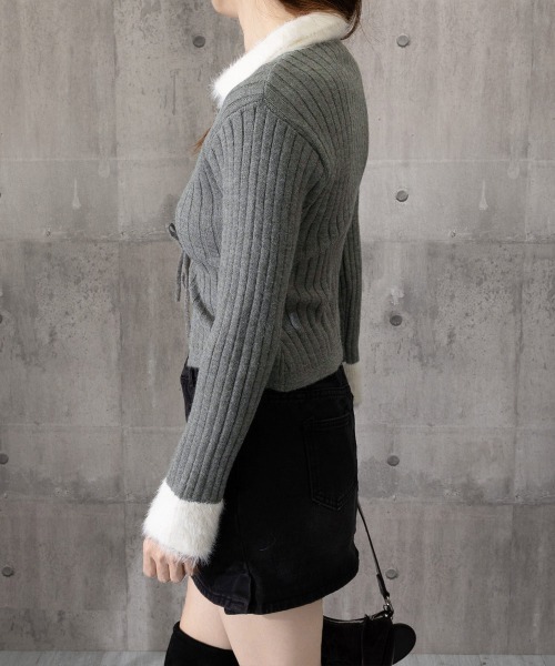 Miniministore（ミニミニストア）の「ファー襟 レースアップニットトップス配色（ニット/セーター・レディース・アイボリー/ブラック/グレー・FREE）」の21枚目の写真