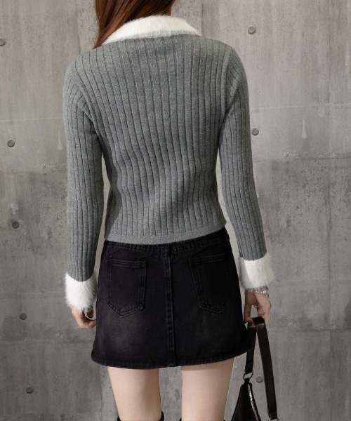 Miniministore（ミニミニストア）の「ファー襟 レースアップニットトップス配色（ニット/セーター・レディース・アイボリー/ブラック/グレー・FREE）」の22枚目の写真