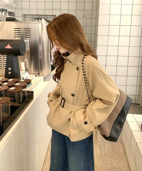 セール】共ベルト付きスタンドスプリングショートコート（その他