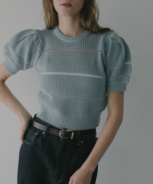 MANOF（マノフ）の「OPENWORK KNIT SHORT TOPS（ニット/セーター・レディース・ブルー/アイボリー/グレー・F）」の3枚目の写真