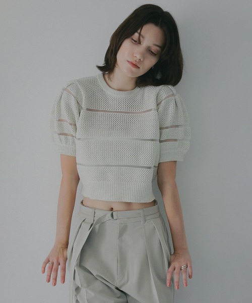 MANOF（マノフ）の「OPENWORK KNIT SHORT TOPS（ニット/セーター・レディース・ブルー/アイボリー/グレー・F）」の5枚目の写真