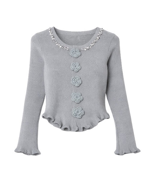 ALLuRing ChaRm(アリュリングチャーム)の「【ALLuRing ChaRm × r10u_un】 Neck Beaded Flower Cardigan / ネックビシューフラワーカーディガン(カーディガン/ボレロ・レディース・グレー/ブラック・FREE)」の5枚目の写真