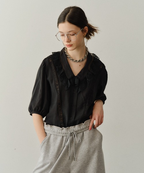 yae(ヤエ)の「Short sleeve lace blouse / ショートスリーブレースブラウス(シャツ/ブラウス・レディース・ブラック/ホワイト・FREE)」の5枚目の写真