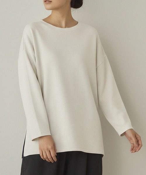 Cinderella（シンデレラ）の「リップルダブルフェイスシルエットプルオーバー ボックスシルエット 裾スリット ストレスフリー トップス カジュアル レディース プルオーバー ミドル丈 春 秋 冬 あたたかい きれいめ かわいい ゆったり（Tシャツ/カットソー・レディース・ブラック/グレー/ピンク/ホワイト/ブラウン・FREE）」の2枚目の写真