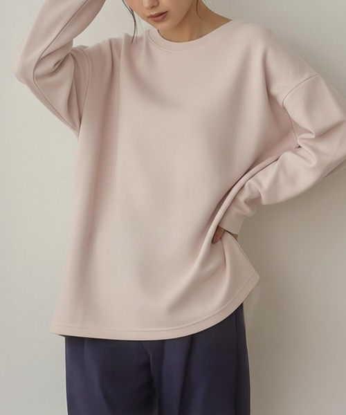 Cinderella（シンデレラ）の「リップルダブルフェイスシルエットプルオーバー ボックスシルエット 裾スリット ストレスフリー トップス カジュアル レディース プルオーバー ミドル丈 春 秋 冬 あたたかい きれいめ かわいい ゆったり（Tシャツ/カットソー・レディース・ブラック/グレー/ピンク/ホワイト/ブラウン・FREE）」の5枚目の写真