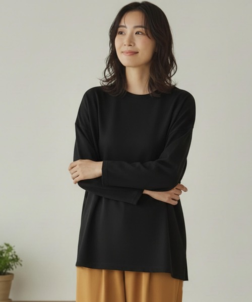 Cinderella（シンデレラ）の「リップルダブルフェイスシルエットプルオーバー ボックスシルエット 裾スリット ストレスフリー トップス カジュアル レディース プルオーバー ミドル丈 春 秋 冬 あたたかい きれいめ かわいい ゆったり（Tシャツ/カットソー・レディース・ブラック/グレー/ピンク/ホワイト/ブラウン・FREE）」の7枚目の写真