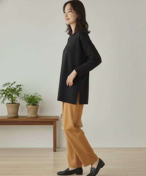 Cinderella（シンデレラ）の「リップルダブルフェイスシルエットプルオーバー ボックスシルエット 裾スリット ストレスフリー トップス カジュアル レディース プルオーバー ミドル丈 春 秋 冬 あたたかい きれいめ かわいい ゆったり（Tシャツ/カットソー・レディース・ブラック/グレー/ピンク/ホワイト/ブラウン・FREE）」の8枚目の写真