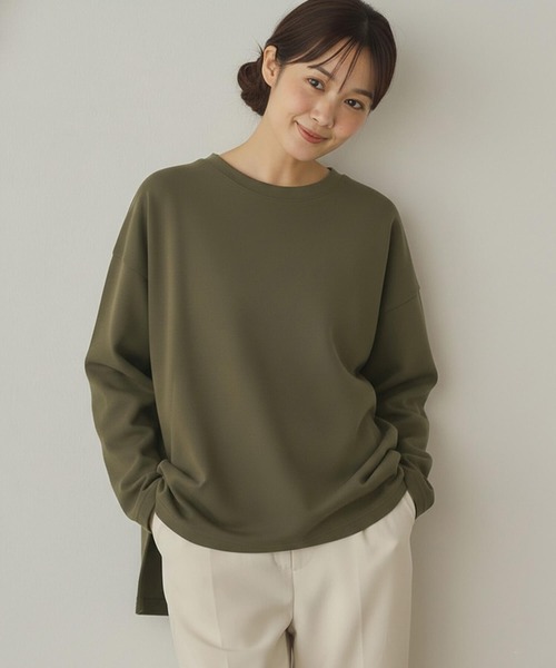 Cinderella（シンデレラ）の「リップルダブルフェイスシルエットプルオーバー ボックスシルエット 裾スリット ストレスフリー トップス カジュアル レディース プルオーバー ミドル丈 春 秋 冬 あたたかい きれいめ かわいい ゆったり（Tシャツ/カットソー・レディース・ブラック/グレー/ピンク/ホワイト/ブラウン・FREE）」の9枚目の写真