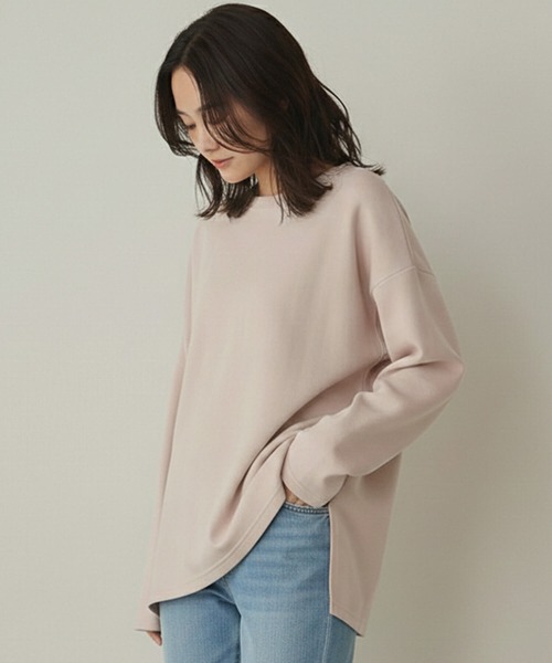 Cinderella（シンデレラ）の「リップルダブルフェイスシルエットプルオーバー ボックスシルエット 裾スリット ストレスフリー トップス カジュアル レディース プルオーバー ミドル丈 春 秋 冬 あたたかい きれいめ かわいい ゆったり（Tシャツ/カットソー・レディース・ブラック/グレー/ピンク/ホワイト/ブラウン・FREE）」の15枚目の写真