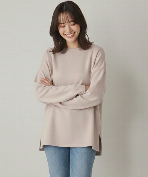 Cinderella（シンデレラ）の「リップルダブルフェイスシルエットプルオーバー ボックスシルエット 裾スリット ストレスフリー トップス カジュアル レディース プルオーバー ミドル丈 春 秋 冬 あたたかい きれいめ かわいい ゆったり（Tシャツ/カットソー・レディース・ブラック/グレー/ピンク/ホワイト/ブラウン・FREE）」の16枚目の写真