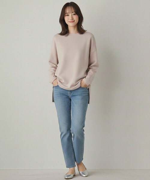 Cinderella（シンデレラ）の「リップルダブルフェイスシルエットプルオーバー ボックスシルエット 裾スリット ストレスフリー トップス カジュアル レディース プルオーバー ミドル丈 春 秋 冬 あたたかい きれいめ かわいい ゆったり（Tシャツ/カットソー・レディース・ブラック/グレー/ピンク/ホワイト/ブラウン・FREE）」の17枚目の写真