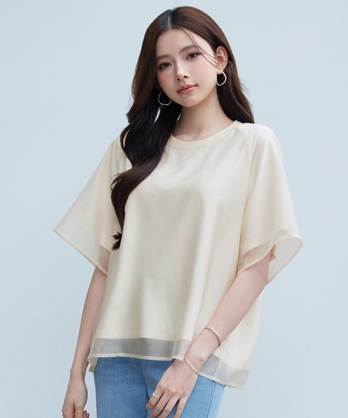 SAISON DE PAPILLON(セゾンドパピヨン)の「レーディス Tシャツ 異素材 ラグランスリーブ 体型カバー ゆったり カジュアル(Tシャツ/カットソー・レディース・ブラック/ライトベージュ/ピンクベージュ・L/M/S)」の3枚目の写真