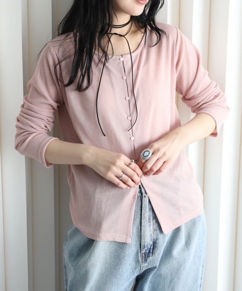 YENNA（イェンナ）の「シアーリブカーディガン　冷房対策/レイヤード（カーディガン/ボレロ・レディース・ブラック/ピンク/ホワイト/ネイビー/サックスブルー・FREE）」の5枚目の写真