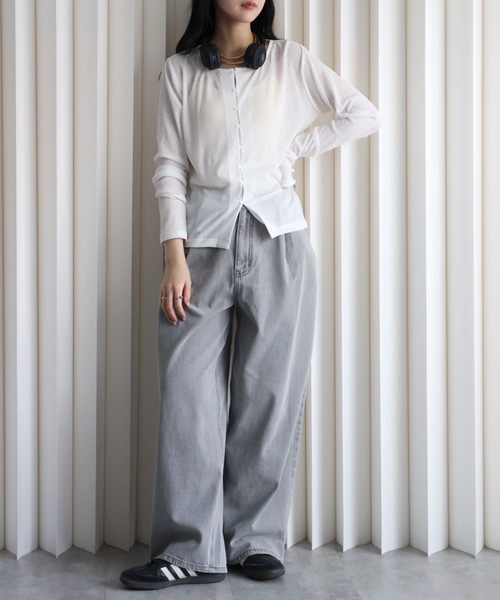YENNA（イェンナ）の「シアーリブカーディガン　冷房対策/レイヤード（カーディガン/ボレロ・レディース・ブラック/ピンク/ホワイト/ネイビー/サックスブルー・FREE）」の14枚目の写真