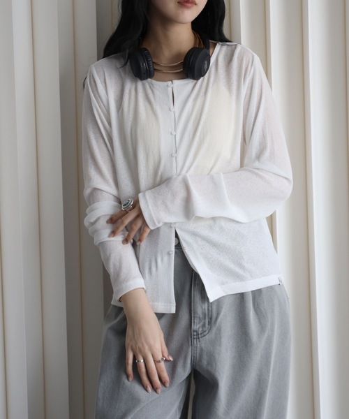 YENNA（イェンナ）の「シアーリブカーディガン　冷房対策/レイヤード（カーディガン/ボレロ・レディース・ブラック/ピンク/ホワイト/ネイビー/サックスブルー・FREE）」の6枚目の写真