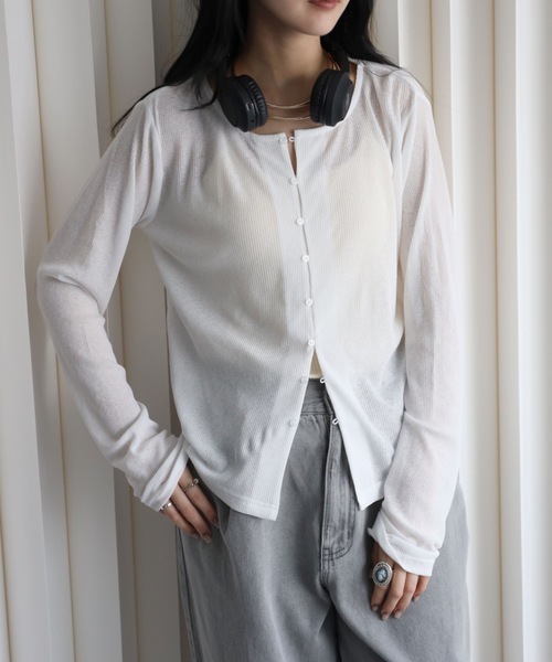 YENNA（イェンナ）の「シアーリブカーディガン　冷房対策/レイヤード（カーディガン/ボレロ・レディース・ブラック/ピンク/ホワイト/ネイビー/サックスブルー・FREE）」の8枚目の写真