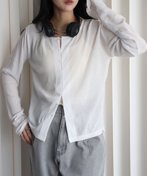 YENNA（イェンナ）の「シアーリブカーディガン　冷房対策/レイヤード（カーディガン/ボレロ・レディース・ブラック/ピンク/ホワイト/ネイビー/サックスブルー・FREE）」の9枚目の写真