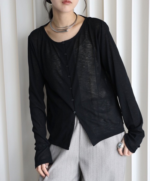 YENNA（イェンナ）の「シアーリブカーディガン　冷房対策/レイヤード（カーディガン/ボレロ・レディース・ブラック/ピンク/ホワイト/ネイビー/サックスブルー・FREE）」の21枚目の写真