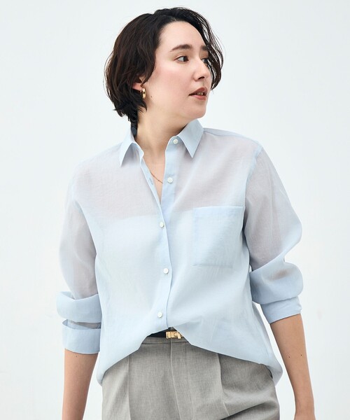 NOLLEY’S Sophi(ノーリーズソフィ)の「ウォッシャブルシアーオーガンジー2WAYシャツ(シャツ/ブラウス・レディース・サックスブルー/オレンジ/ベージュ/ホワイト・36/38)」の5枚目の写真