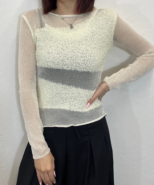 ROGER AND RAW(ロジャーアンドロウ)の「ブークレ切替シアーメッシュ長袖トップス(ニット/セーター・レディース・ブラック/アイボリー・FREE)」の20枚目の写真