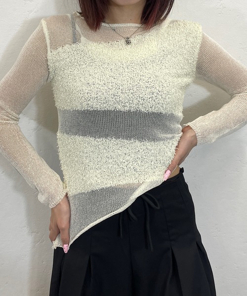 ROGER AND RAW(ロジャーアンドロウ)の「ブークレ切替シアーメッシュ長袖トップス(ニット/セーター・レディース・ブラック/アイボリー・FREE)」の13枚目の写真