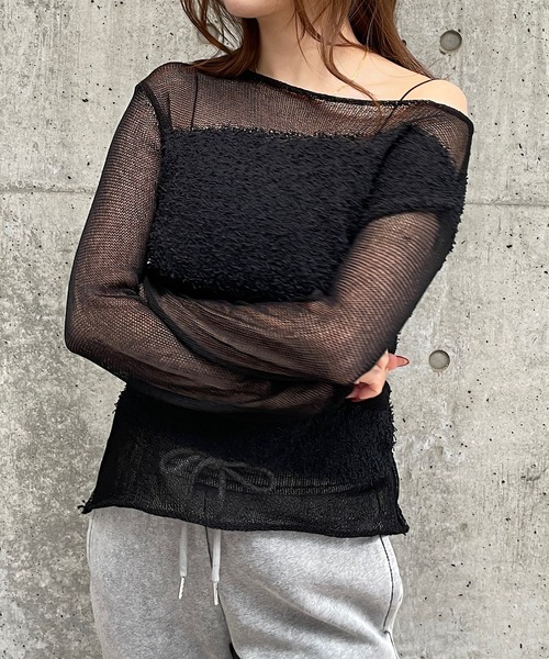 ROGER AND RAW(ロジャーアンドロウ)の「ブークレ切替シアーメッシュ長袖トップス(ニット/セーター・レディース・ブラック/アイボリー・FREE)」の7枚目の写真