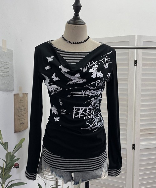 MEMECLE(メメクル)の「【 MEMECLE / メメクル 】バタフライ ボーダーカットソー Y2K レイヤード風(Tシャツ/カットソー・レディース・グレー/ブラック/ホワイト・FREE)」の1枚目の写真