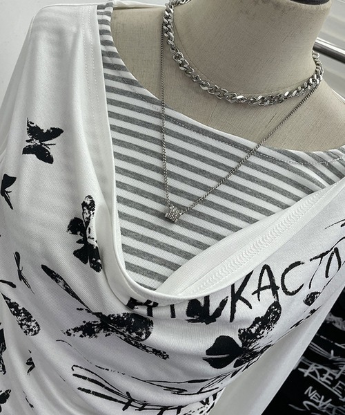 MEMECLE(メメクル)の「【 MEMECLE / メメクル 】バタフライ ボーダーカットソー Y2K レイヤード風(Tシャツ/カットソー・レディース・グレー/ブラック/ホワイト・FREE)」の5枚目の写真