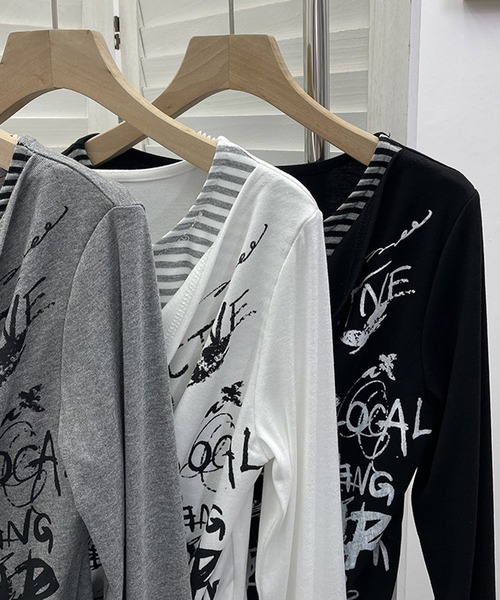 MEMECLE(メメクル)の「【 MEMECLE / メメクル 】バタフライ ボーダーカットソー Y2K レイヤード風(Tシャツ/カットソー・レディース・グレー/ブラック/ホワイト・FREE)」の13枚目の写真