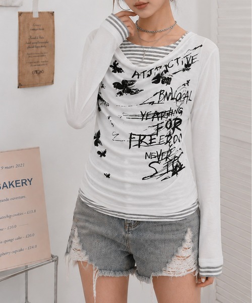 MEMECLE(メメクル)の「【 MEMECLE / メメクル 】バタフライ ボーダーカットソー Y2K レイヤード風(Tシャツ/カットソー・レディース・グレー/ブラック/ホワイト・FREE)」の15枚目の写真