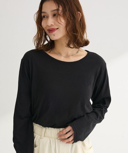 Green Parks(グリーンパークス)の「シアー天竺プルオーバー(Tシャツ/カットソー・レディース・ブラック/オフホワイト・FREE)」の2枚目の写真