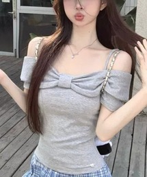 フロントリボン オフショルダー 半袖サマーニットトップス