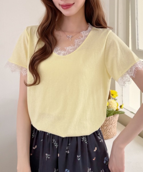Ada.(エイダ)の「袖レース Vネック カットソー プルオーバー(Tシャツ/カットソー・レディース・イエロー/ブルー/ブラック/ホワイト・FREE)」の4枚目の写真